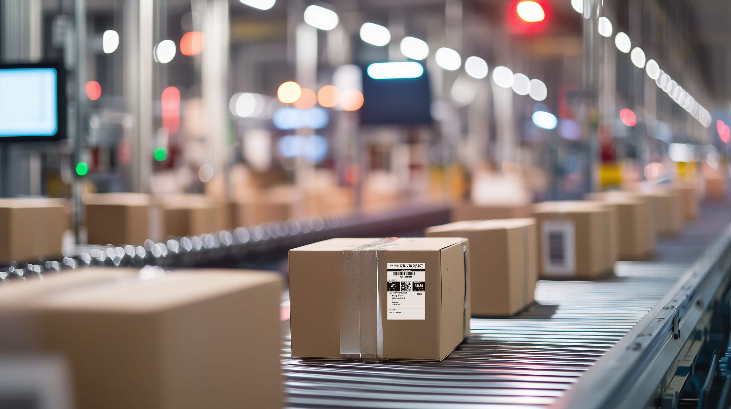 Cardboard packages moving along a warehouse conveyor belt during fast-paced order fulfillment